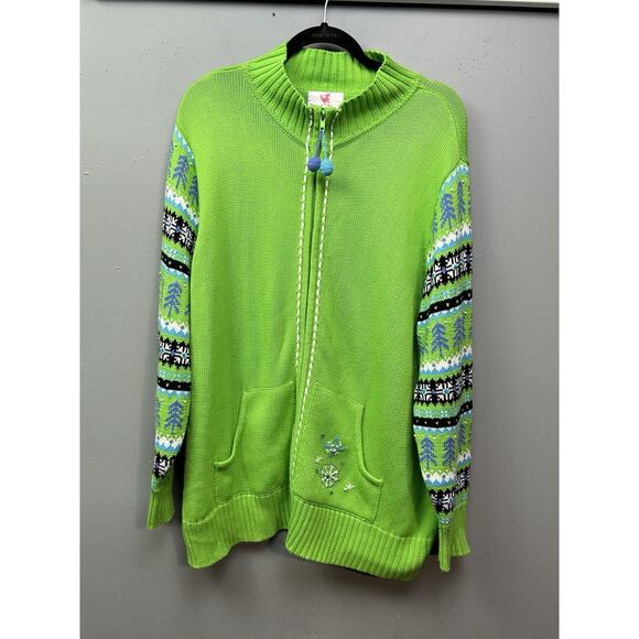 Quacker Factory Sweater Womens Size 2X Green Striped Winter Pom Poms‎ Full zip - Picture 1 of 8